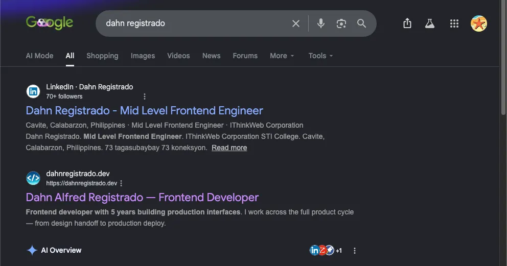 Google search results for “Dahn Registrado” showing dahnregistrado.dev as a top result